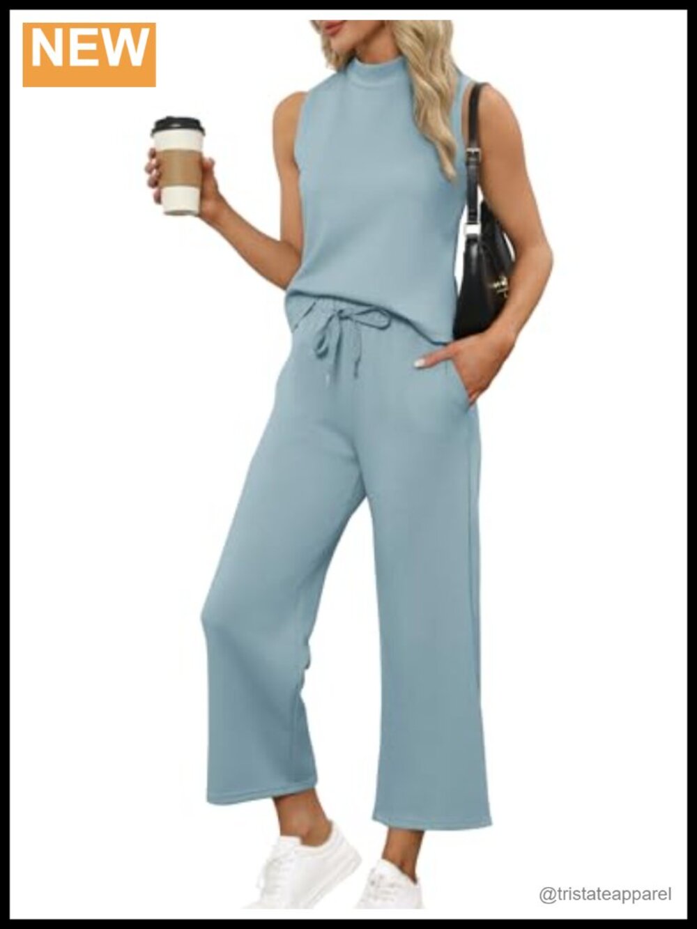 Two Piece Lounge Set Sleeveless Mock Neck Top Wide Leg Crop Pants Vacation